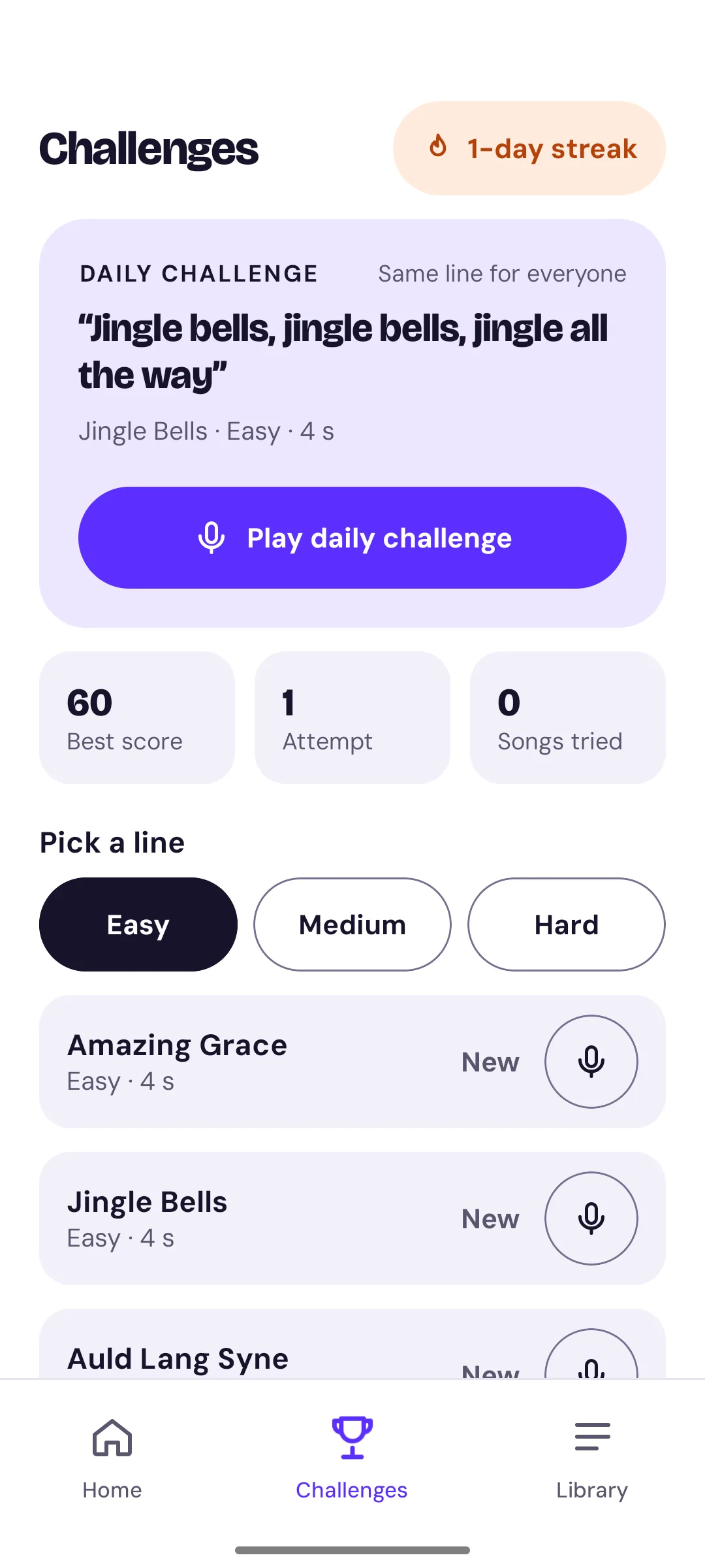 Challenges tab with the daily challenge "Jingle bells, jingle bells, jingle all the way", a streak, best score, and the Easy song list