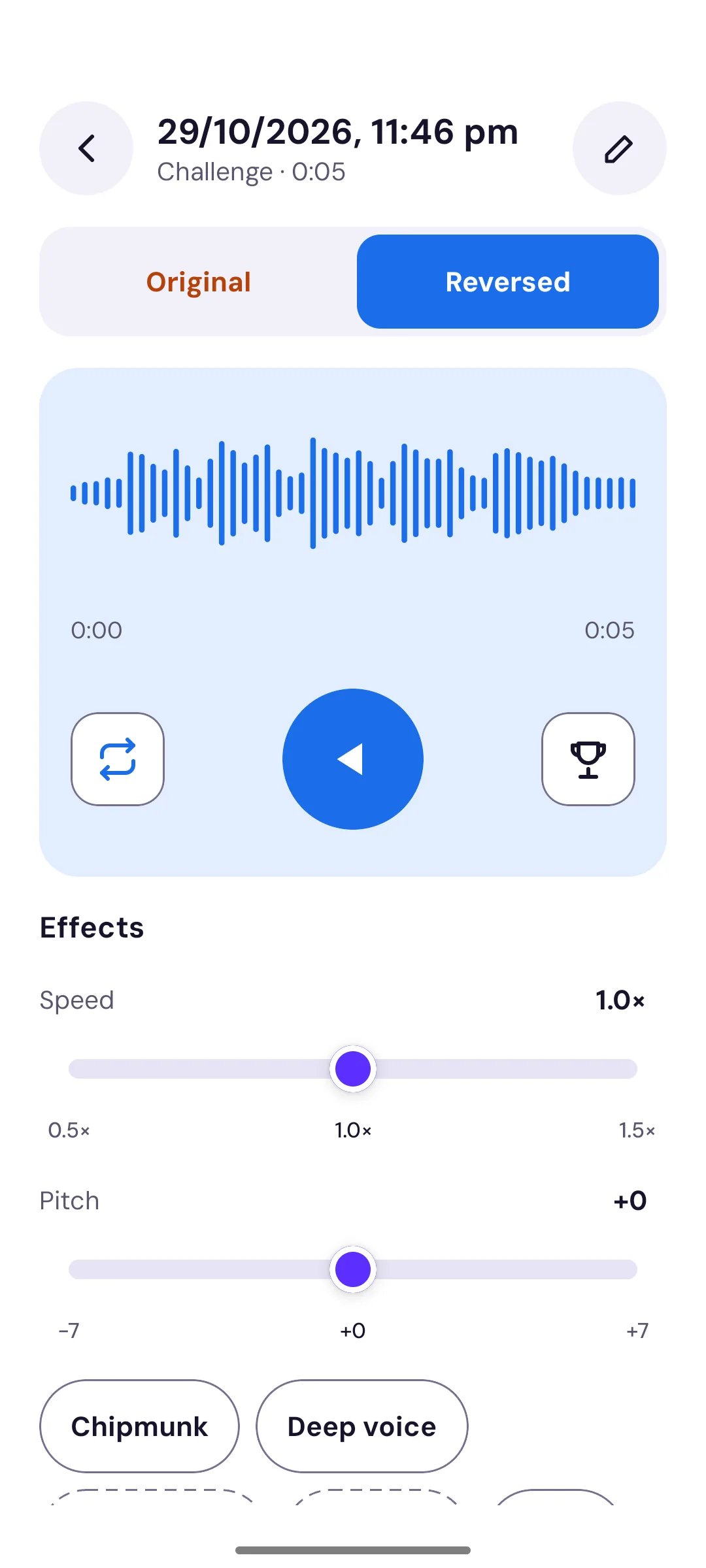Player showing a clip played reversed, with a waveform, loop and challenge buttons, and Speed and Pitch sliders