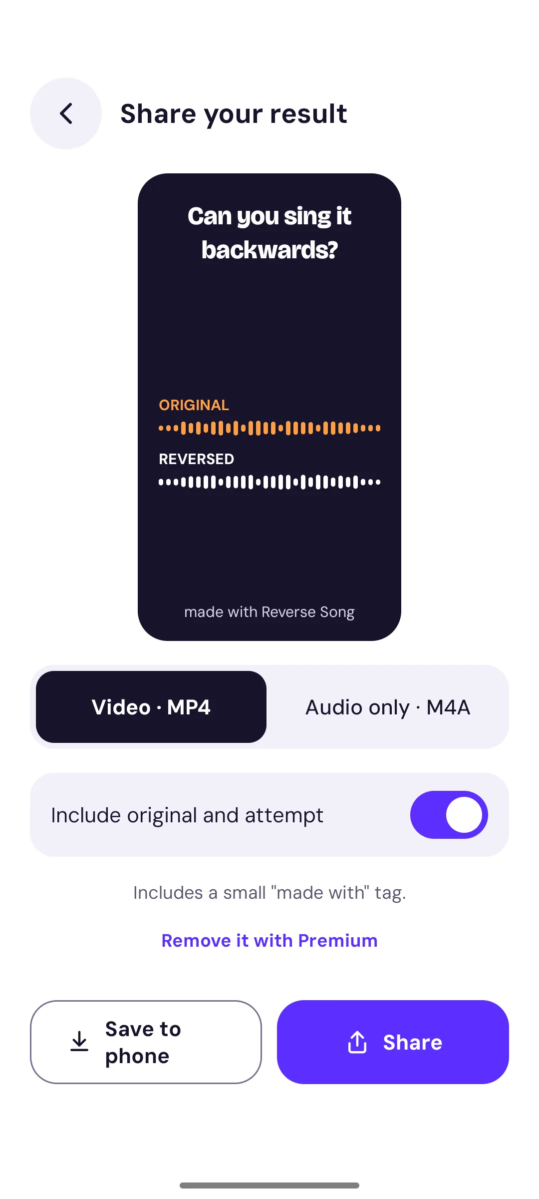 Share screen with a vertical video preview of the original and reversed waveforms, Video MP4 or Audio only M4A, and Save to phone